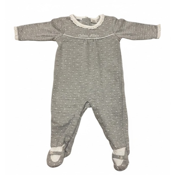 Calvin Klein Other - Calvin Klein Baby Girl Gray Polka Dot Ruffle Footie Sleeper Size 6-9 Months